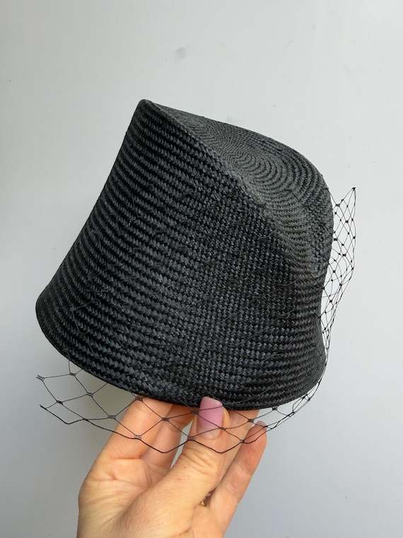 Elegant Black straw Hat with Gold Sequin Band and netting. Elegant Black straw Hat with Gold Sequin Band and netting main image 4