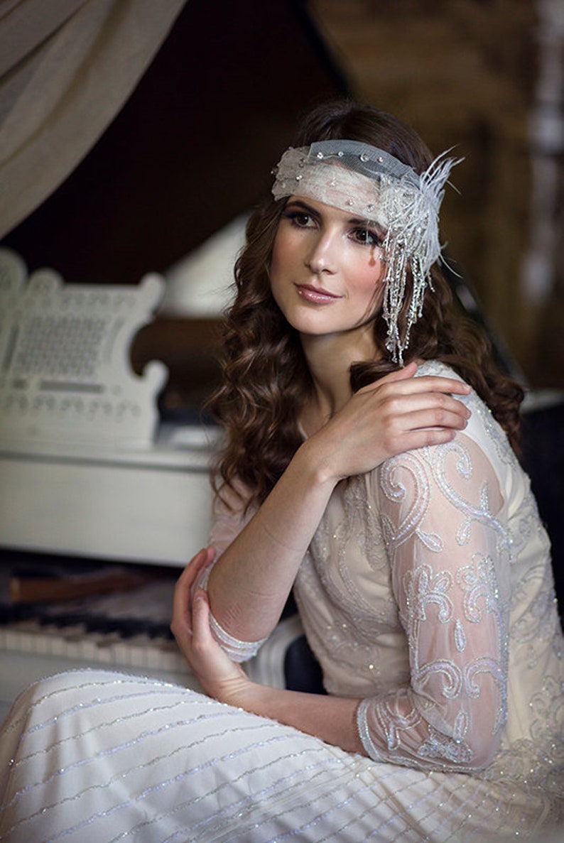 Gatsby Style Headpiece With Glass Beads Feathers Art Deco Etsy