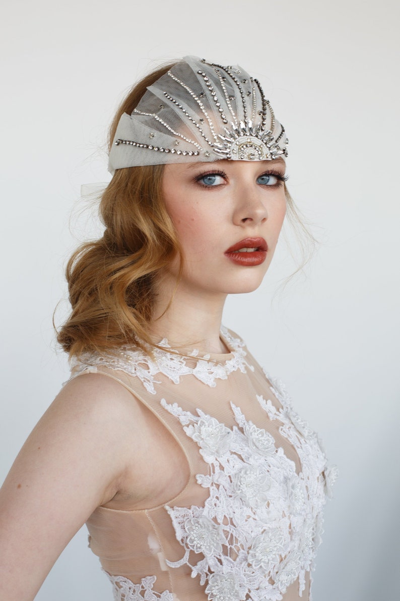 Gatsby style headpiece with glass beads, art deco accessory, 20's inspired bridal cap,flapper style headpiece, cap, vintage stirnband dangle image 1