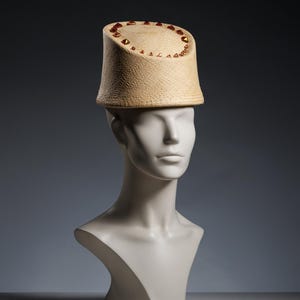 Vintage-inspired Panama Straw Pillbox Hat with triangle beads, eastern hat style, top hat, Moroccan style headpiece, ottoman Fahsion, summer image 3