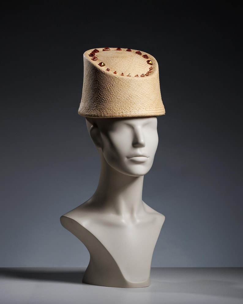 Vintage-inspired Panama Straw Pillbox Hat with triangle beads, eastern hat style, top hat, Moroccan style headpiece, ottoman Fahsion, summer image 3