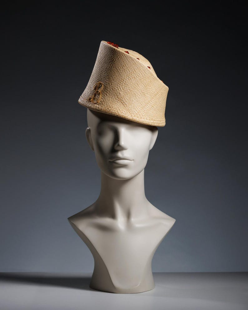 Vintage-inspired Panama Straw Pillbox Hat with triangle beads, eastern hat style, top hat, Moroccan style headpiece, ottoman Fahsion, summer image 1