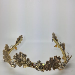 Golden bridal wreath, bohemian hair accessory, back of the veil headpiece with oak tree leaves and swarovski crystals, crown in gold image 5