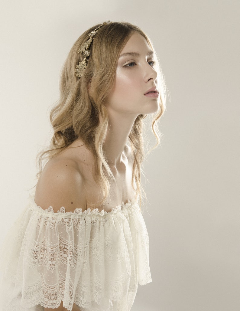 Golden bridal wreath, bohemian hair accessory, back of the veil headpiece with oak tree leaves and swarovski crystals, crown in gold image 7