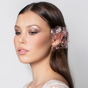 Tender soft white bridal ear cuff, bridal jewelry, bohemian bride accessory, soft wire whimsical bridal ear cuff, glass flowers image 9