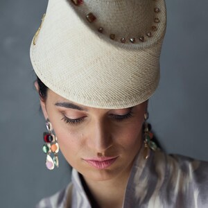 Vintage-inspired Panama Straw Pillbox Hat with triangle beads, eastern hat style, top hat, Moroccan style headpiece, ottoman Fahsion, summer image 9