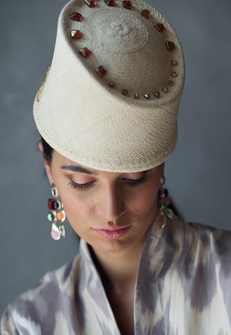 Vintage-inspired Panama Straw Pillbox Hat with triangle beads, eastern hat style, top hat, Moroccan style headpiece, ottoman Fahsion, summer image 9