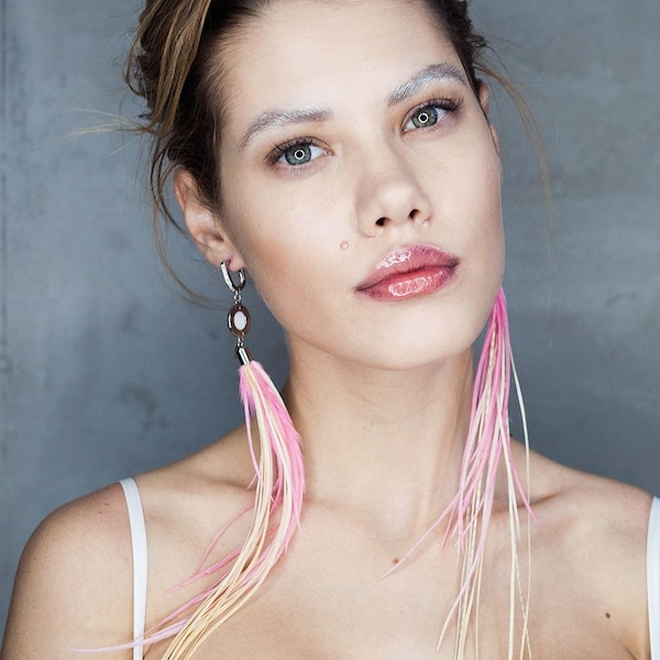 Unusual long feather earrings, bridal long ivory and pink earrings with, fashion accessory with feathers,  long dangle drop rainbow earring