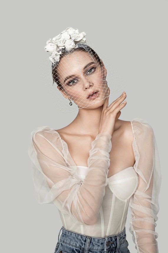 White Floral Leather Floral Headband for a Bride With a  display picture 2