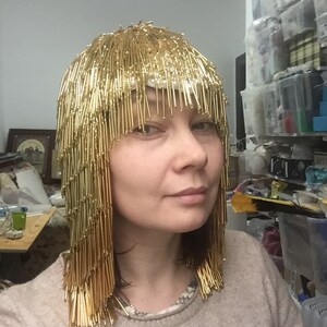 KARNEVAL, burlesk huvudbonad, överdådig gyllene peruk, fuskhårsperuk, håraccessoar med uttalande, kostymdesignkrona, Burning Man-peruk, Gatsby bild 4