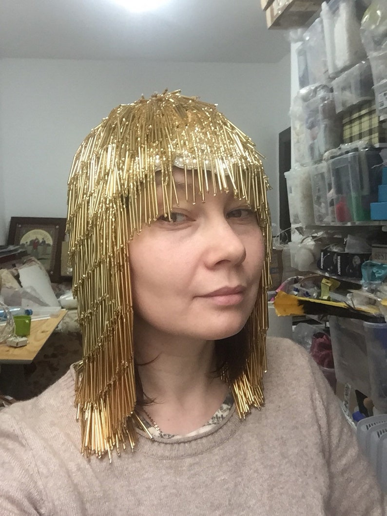KARNEVAL, burlesk huvudbonad, överdådig gyllene peruk, fuskhårsperuk, håraccessoar med uttalande, kostymdesignkrona, Burning Man-peruk, Gatsby bild 4