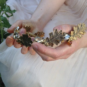 Golden bridal wreath, bohemian hair accessory, back of the veil headpiece with oak tree leaves and swarovski crystals, crown in gold image 4