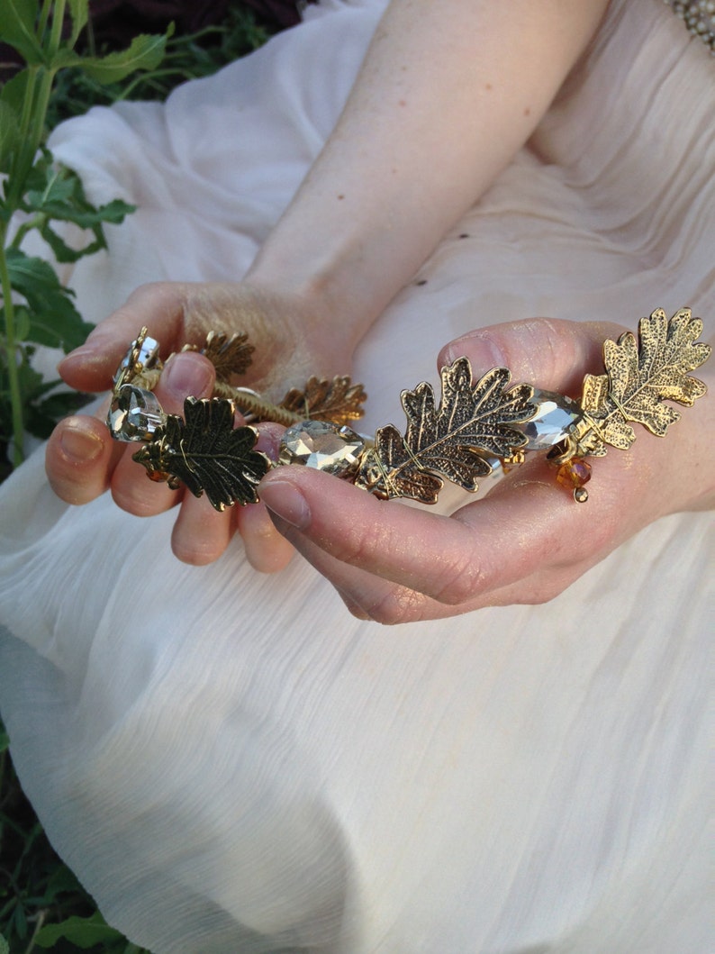 Golden bridal wreath, bohemian hair accessory, back of the veil headpiece with oak tree leaves and swarovski crystals, crown in gold image 4
