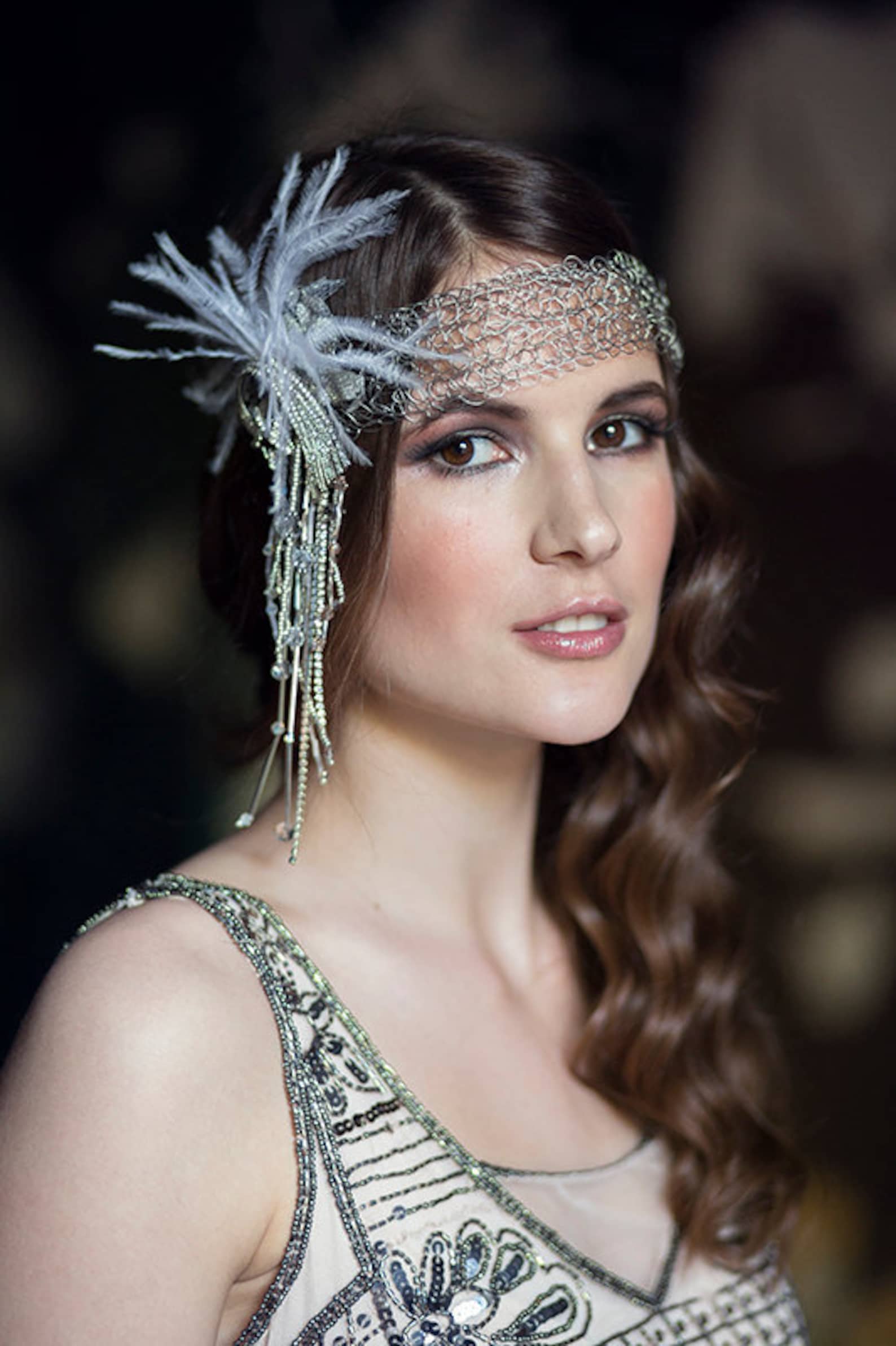 Gatsby Style Headpiece With Glass Beads, Feathers, Art Deco Accessory