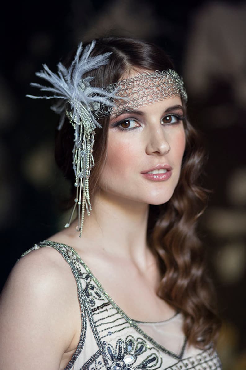 Gatsby style headpiece with glass beads feathers art deco | Etsy