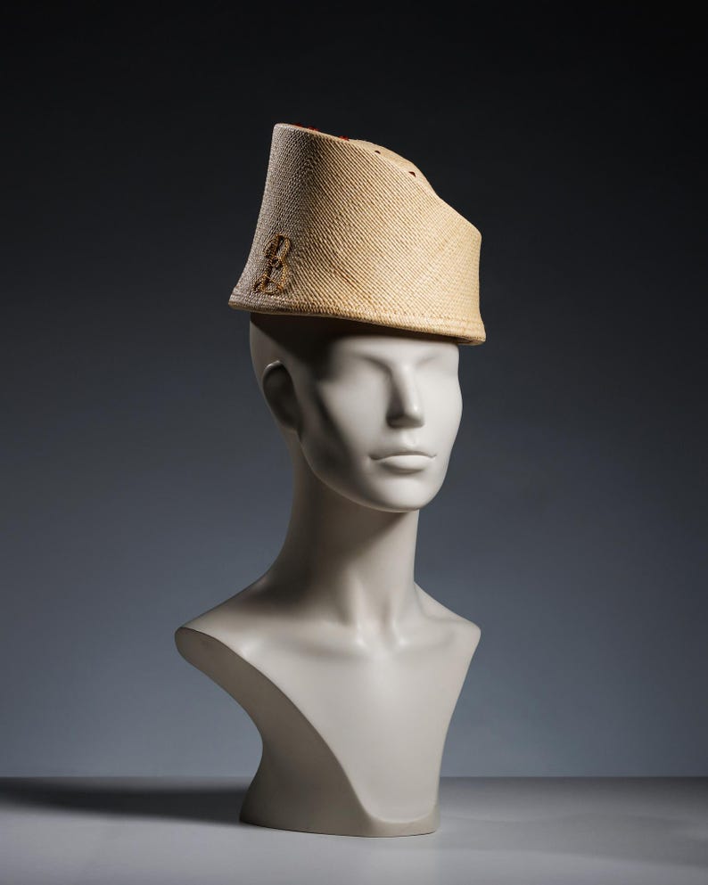 Vintage-inspired Panama Straw Pillbox Hat with triangle beads, eastern hat style, top hat, Moroccan style headpiece, ottoman Fahsion, summer image 2