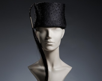 Chic Black straw hat with Long Tassel and Gold Pin, Osman inspired, Bold Statement headpiece with horse hair, Moroccan turban style, summer