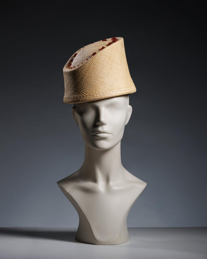 Vintage-inspired Panama Straw Pillbox Hat with triangle beads, eastern hat style, top hat, Moroccan style headpiece, ottoman Fahsion, summer image 4