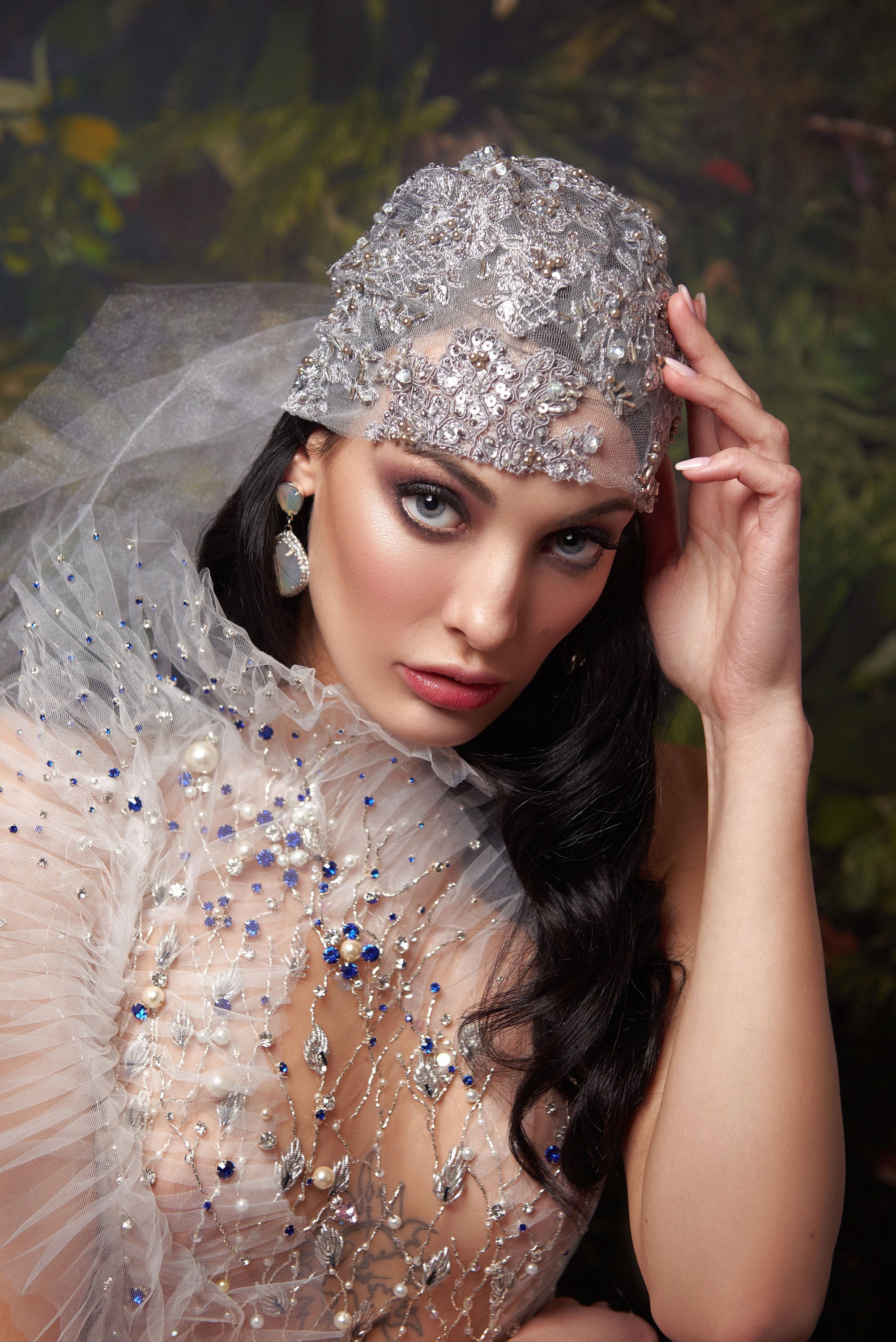 Flapper Style Cap, Lace Embroidered Silver Grey Tulle Cap 