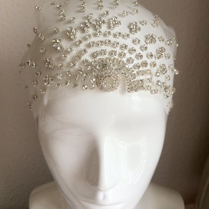 Diamonties embroidered tulle cap, Great Gatsby inspired headpiece, alternative veil, unusual bridal headpiece, 20's vintage flapper style image 3