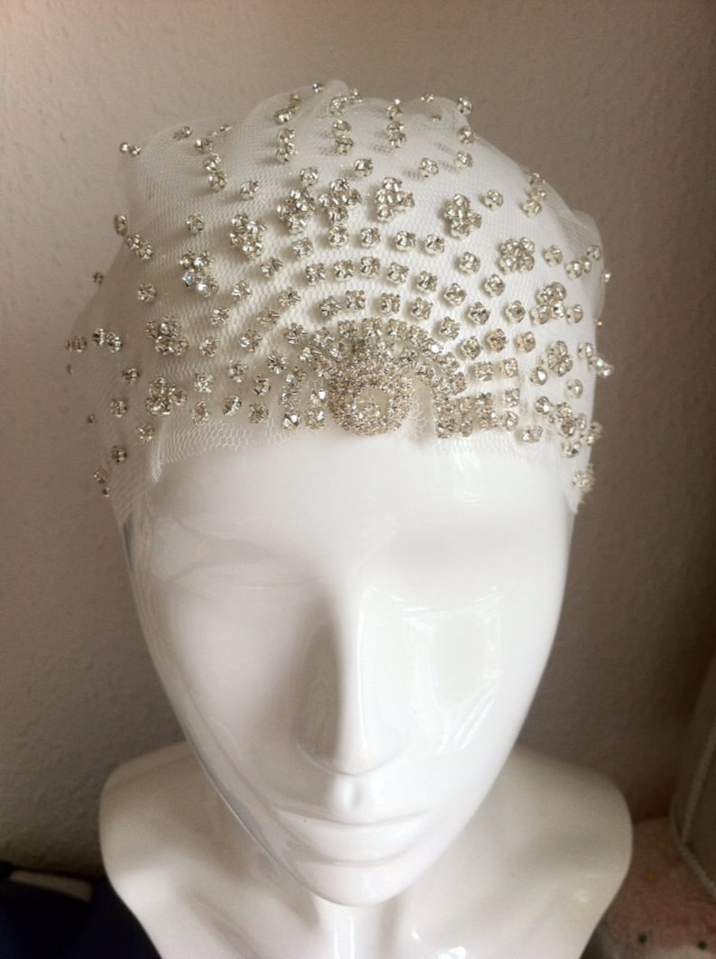 Diamonties embroidered tulle cap, Great Gatsby inspired headpiece, alternative veil, unusual bridal headpiece, 20's vintage flapper style image 3