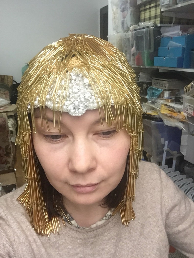 KARNEVAL, burlesk huvudbonad, överdådig gyllene peruk, fuskhårsperuk, håraccessoar med uttalande, kostymdesignkrona, Burning Man-peruk, Gatsby bild 2