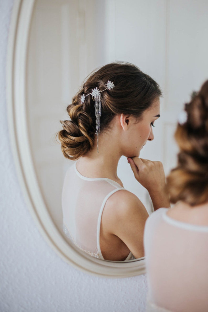 Peineta de diseño estrella, peineta de novia con colgantes, postizo inspirado en gatsby, accesorio nupcial con estrellas, accesorio para el cabello modesto, peineta beretkah imagen 3