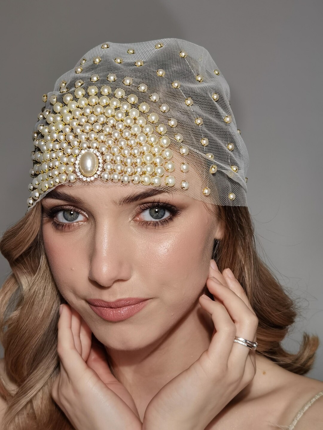 New Pearl Beaded and Jeweled Headpiece Amazon.com : EMZhole Bride Wedding Pearl Hair Mesh Gold Hair  main image 3