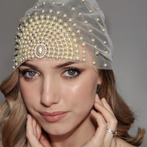 Pearl Beaded Headpiece – Bridal Veil Cap with Ivory Pearls  – Vintage-Inspired Wedding Hair Accessory, eastern head cover, great gatsby cap