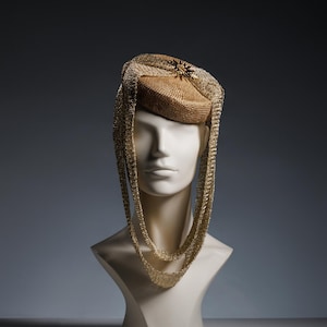 Luxurious Gold Metallic Headpiece with Draped Chain Detail - Avant-Garde Evening Wear