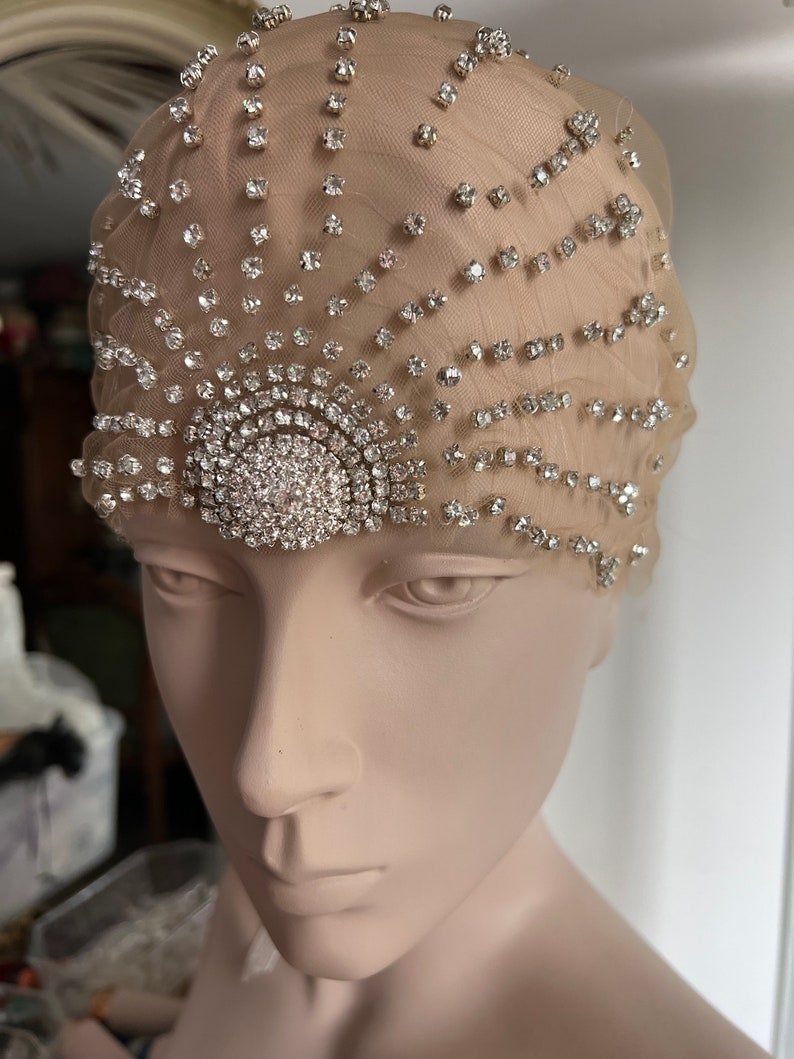 Diamonties embroidered tulle cap, Great Gatsby inspired headpiece, alternative veil, unusual bridal headpiece, 20's vintage flapper style image 6