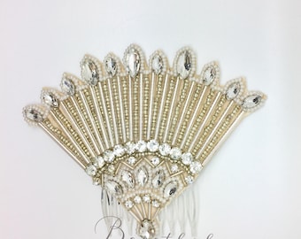 Gatsby style headpiece with glass beads, art deco accessory, 20's inspired bridal comb,fan shape flapper style headpiece, vintage embroidery