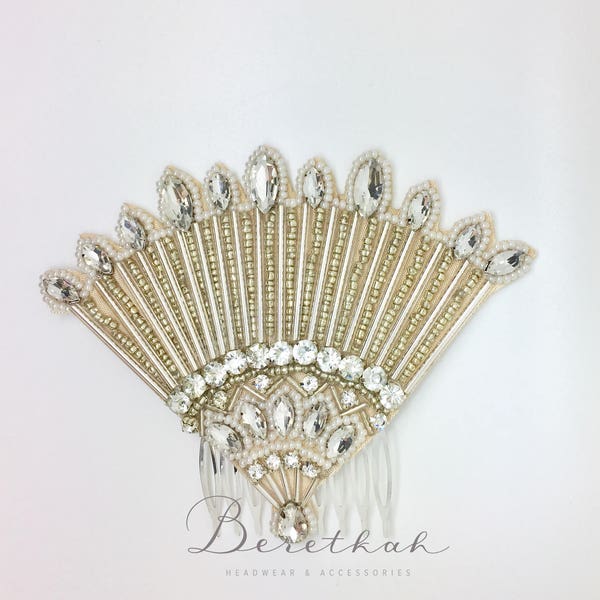 Gatsby style headpiece with glass beads, art deco accessory, 20's inspired bridal comb,fan shape flapper style headpiece, vintage embroidery