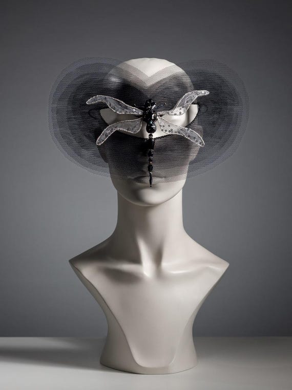 Face Veil Headpiece mask | dark fashion Fascinator | Avant garde mask, editorial face piece, dragonfly headpiece or mask made from lace