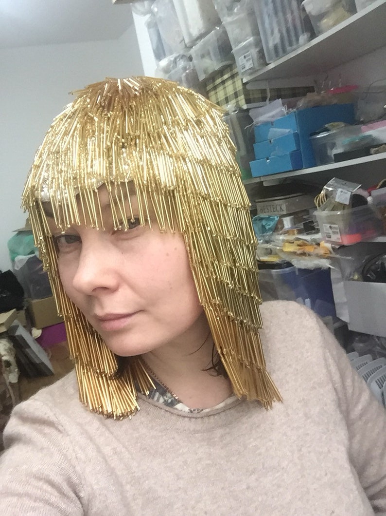 KARNEVAL, burlesk huvudbonad, överdådig gyllene peruk, fuskhårsperuk, håraccessoar med uttalande, kostymdesignkrona, Burning Man-peruk, Gatsby bild 3