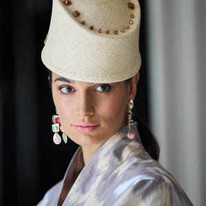 Vintage-inspired Panama Straw Pillbox Hat with triangle beads, eastern hat style, top hat, Moroccan style headpiece, ottoman Fahsion, summer image 7