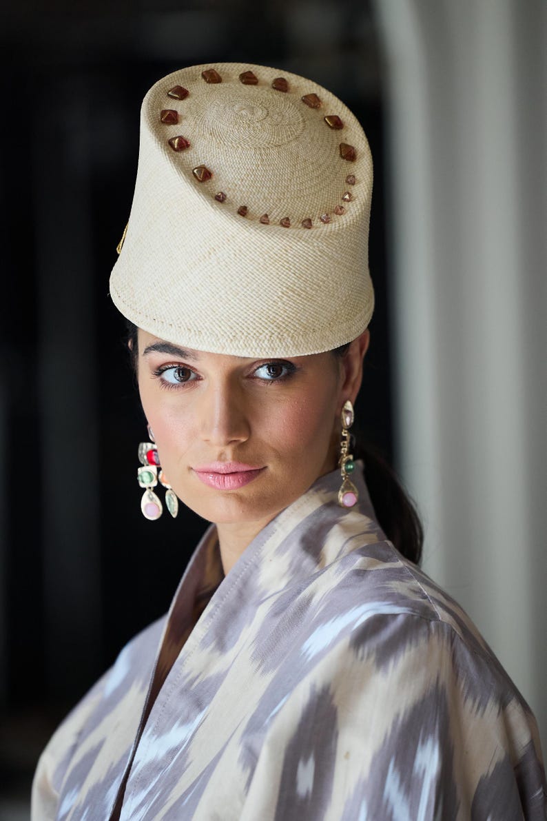 Vintage-inspired Panama Straw Pillbox Hat with triangle beads, eastern hat style, top hat, Moroccan style headpiece, ottoman Fahsion, summer image 7