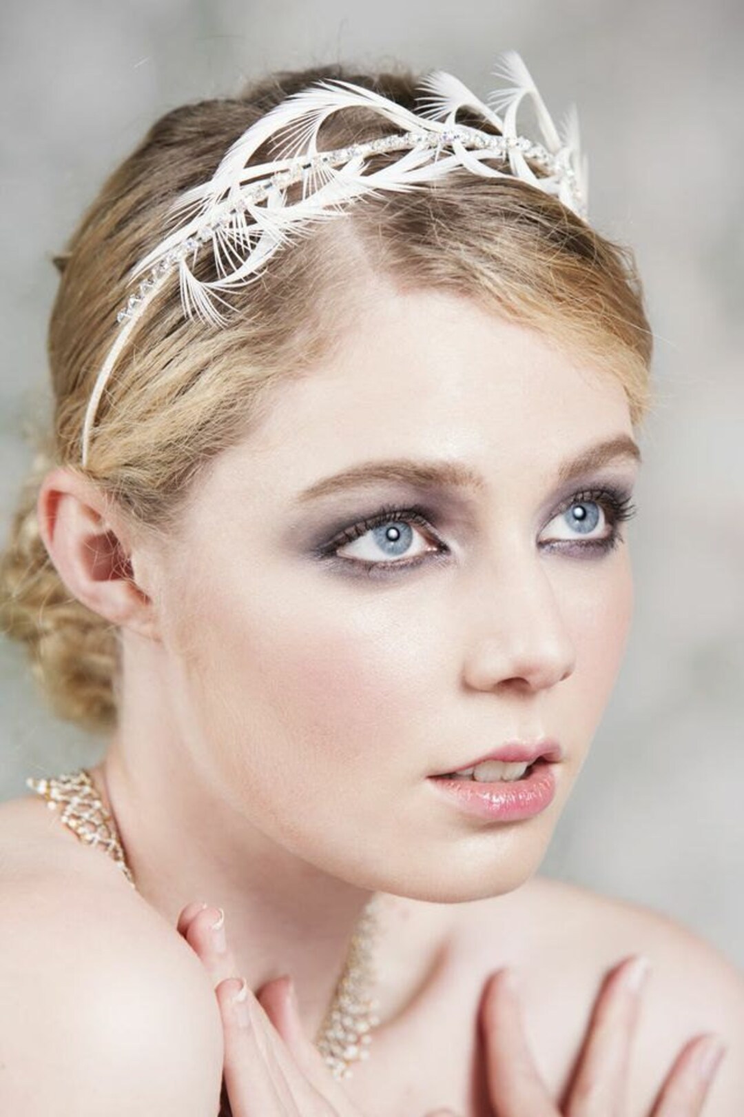 Crown Ostrich Art Deco Vintage Style Wedding Headband - Retro Aqua main image 1