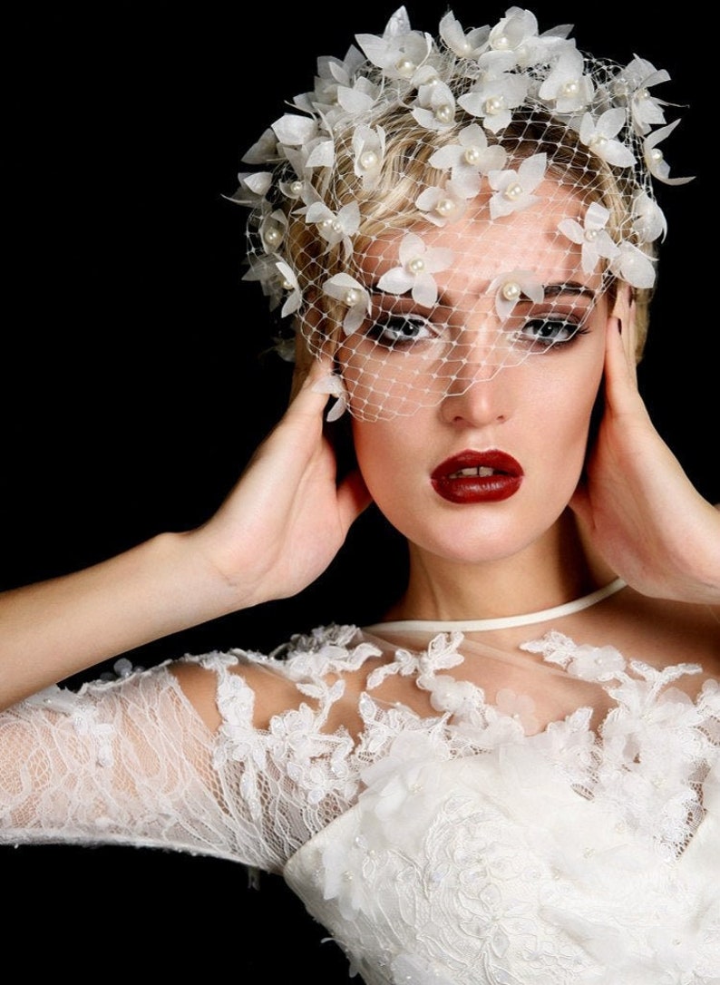 Bridal birdcage with silk flowers and pearls, white headpiece for a bride, wedding headpiece, unusual hair accessory, vintage inspired image 1