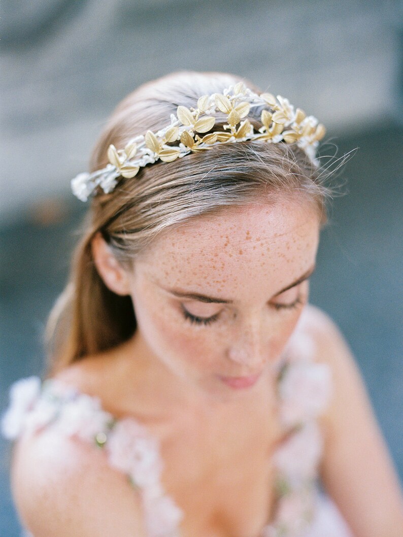 Golden bridal crown for woodlands bride,floral crown in gold with leaves,tender bridal headpiece, bridal accessory, rustic bridal headpiece image 1
