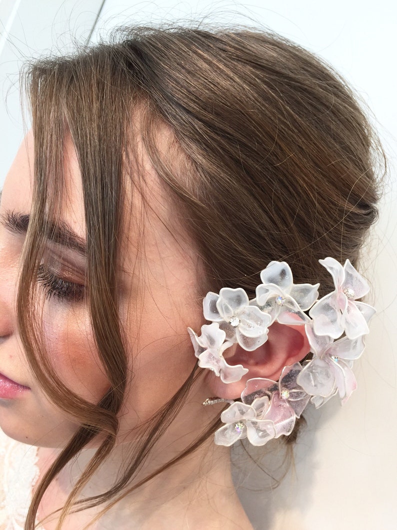 Tender soft white bridal ear cuff, bridal jewelry, bohemian bride accessory, soft wire whimsical bridal ear cuff, glass flowers image 2