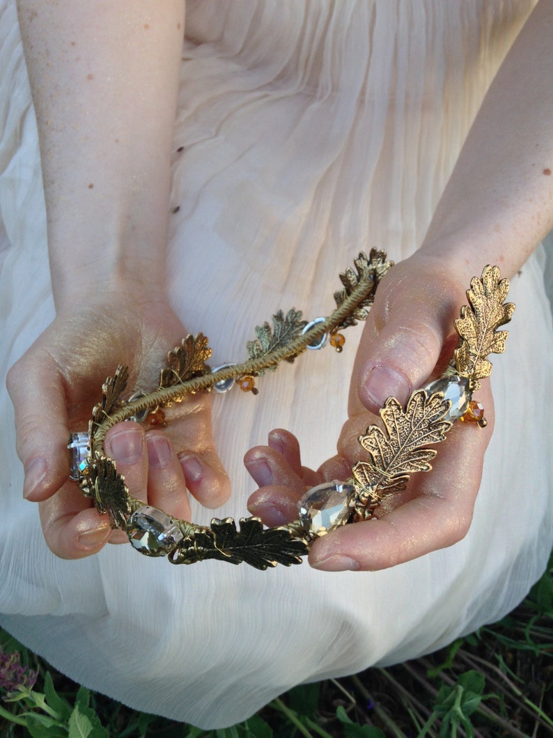 Golden bridal wreath, bohemian hair accessory, back of the veil headpiece with oak tree leaves and swarovski crystals, crown in gold image 3