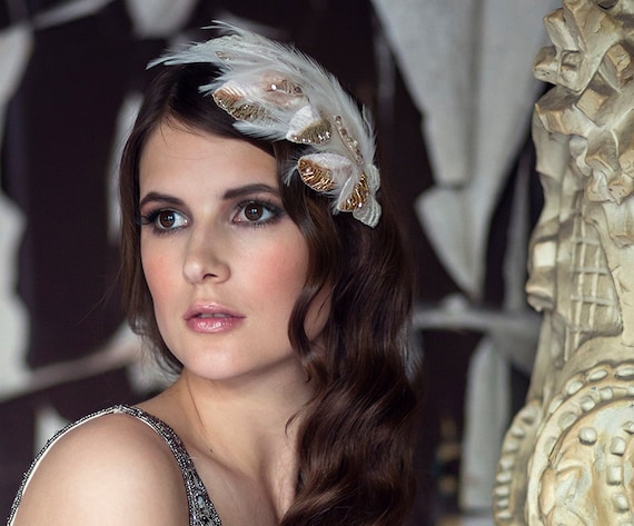 Gatsby Style Headpiece With Embroidered Leaves Feathers Art Deco