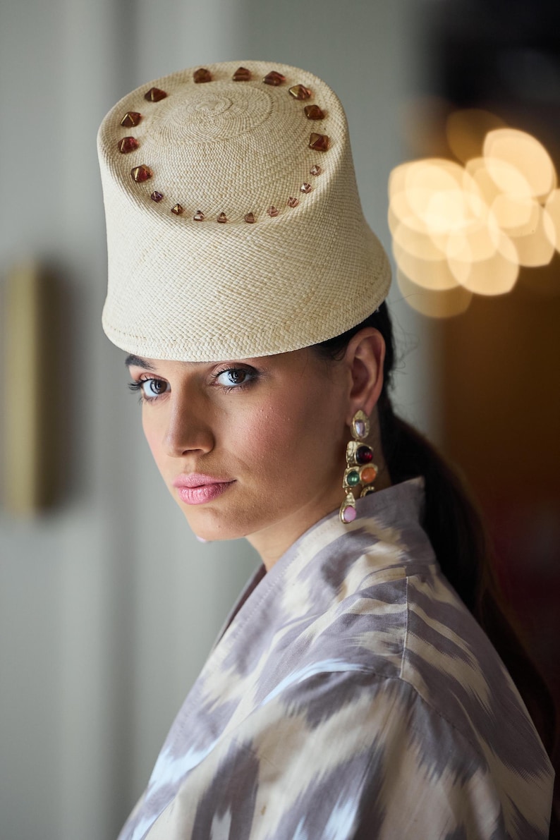 Vintage-inspired Panama Straw Pillbox Hat with triangle beads, eastern hat style, top hat, Moroccan style headpiece, ottoman Fahsion, summer image 6