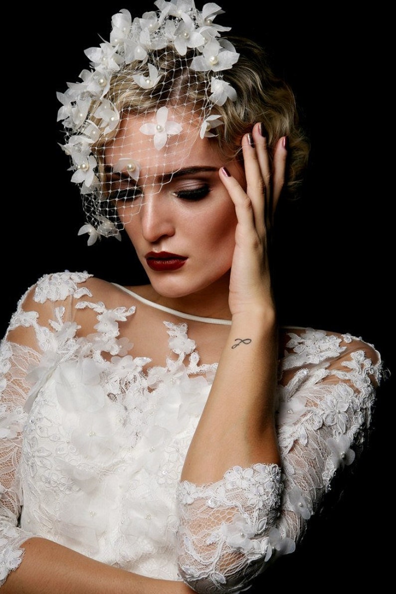 Bridal birdcage with silk flowers and pearls, white headpiece for a bride, wedding headpiece, unusual hair accessory, vintage inspired image 2