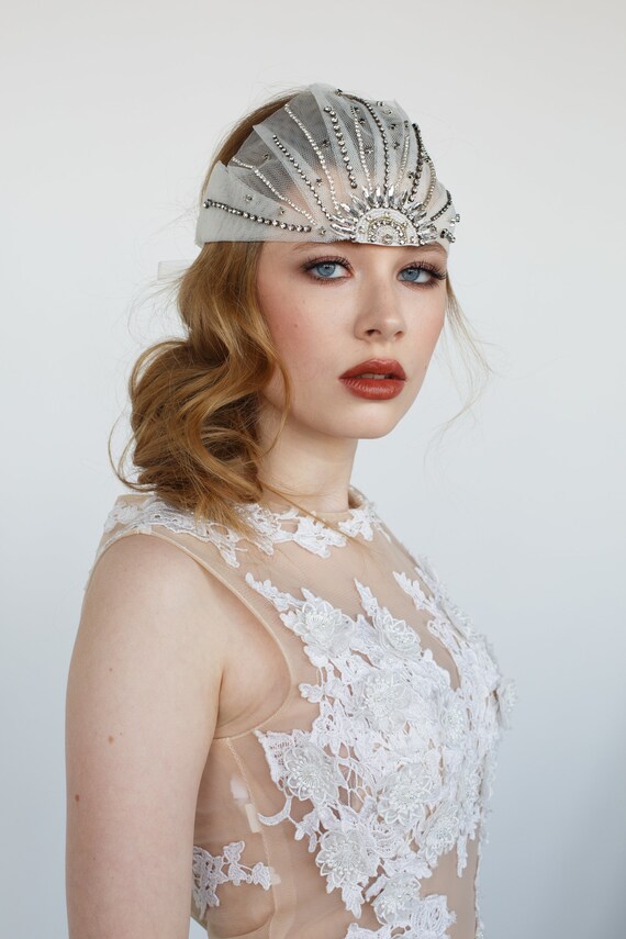 Beaded Embroidered Lace Gatsby Flapper Headpiece Gatsby Style Headpiece With Glass Beads, Feathers, Art Deco  main image 4