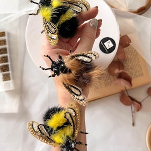 Fuzzy Bee Brooch – Handmade Beaded Bumblebee Pin with Crystals & Fur – Cute Statement Insect Jewelry
