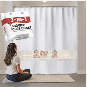 May include: A white 3-in-1 shower curtain set with a fabric curtain, plastic liner, and metal hooks. The set includes a white textured shower curtain and a clear plastic liner. The packaging displays the text "3-IN-1 SHOWER CURTAIN SET".