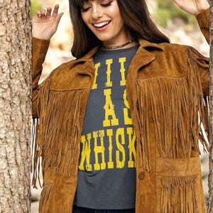 Women Tan Brown Suede Western Handmade Leather Jacket with Fringe, Suede Brown Leather Shirt for Womens Buckskin, Women&#39;s Vintage Suede,