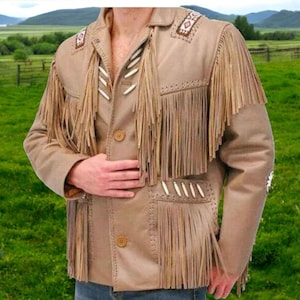 Men Tan Brown Suede Western Handmade Leather Jacket with Fringe, Suede Brown Leather Shirt for Mens Buckskin, Men&#39;s Vintage Suede, Jacket